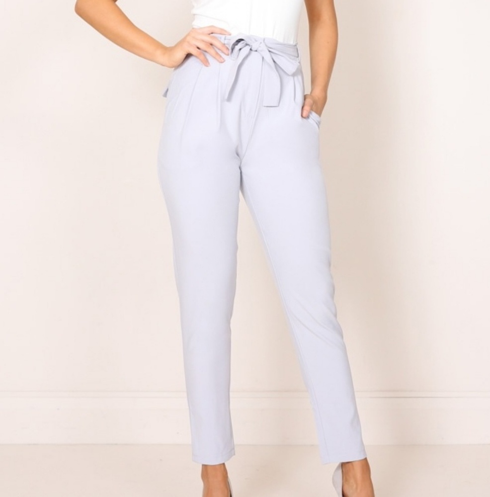 Light grey high waisted pants with tie belt